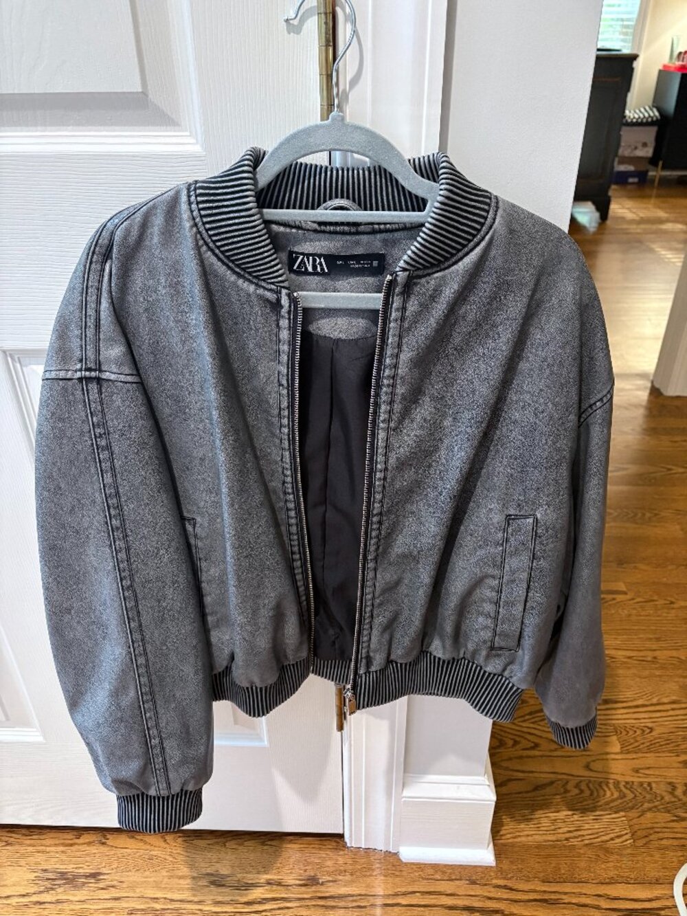 Zara Distressed Washed Grey Faux Leather Bomber Jacket - Size L